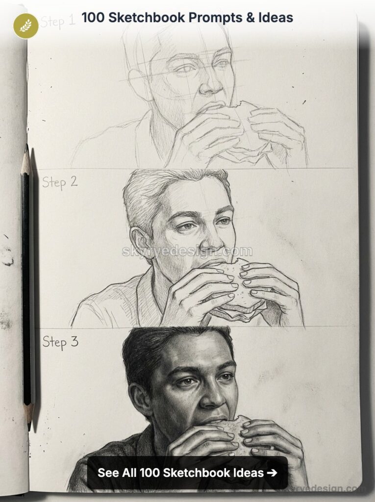 Step-by-step sketchbook pencil drawing progression of a man eating a burger, labeled Step 1-3, pencil beside page.