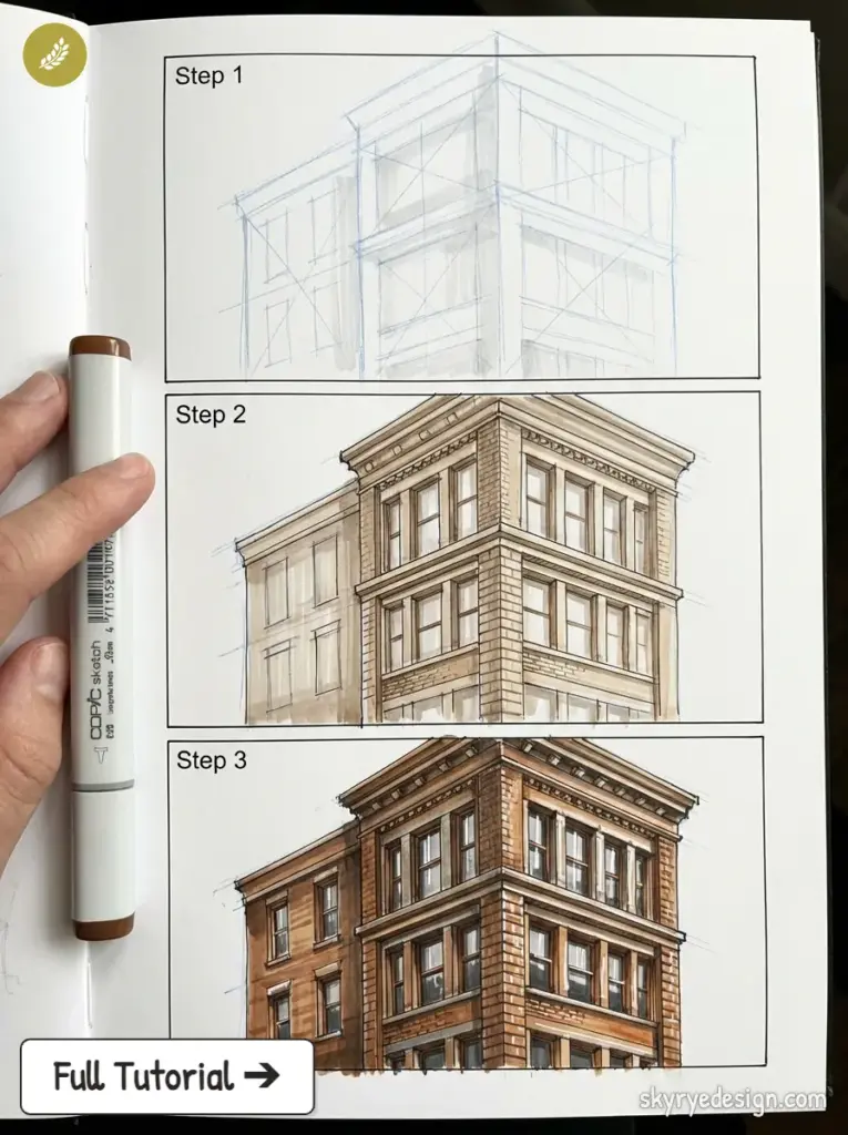 Three-step architectural drawing tutorial showing progressive rendering of a brown brick building with Copic marker