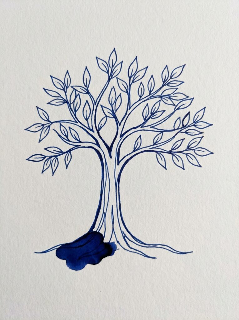 Blue ink hand-drawn tree illustration with leafy branches on white textured paper, watercolor ink blot at the roots