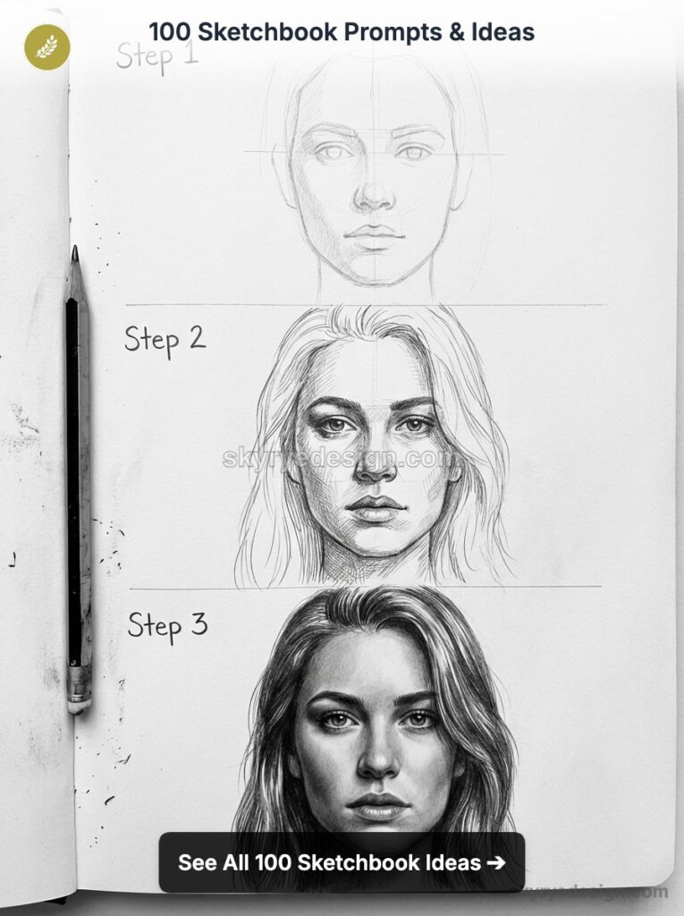 Step-by-step pencil portrait tutorial: three-stage female face sketch progressing from guidelines to detailed realistic drawing
