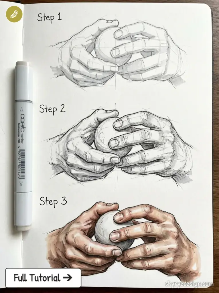 Step-by-step drawing tutorial showing three stages of realistic hands holding a ball with marker and 'Full Tutorial'