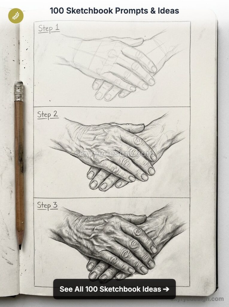Sketchbook three-step pencil tutorial showing progressive realistic hand drawings with shading; pencil beside page.