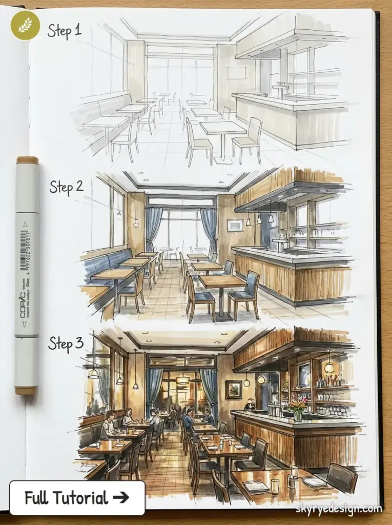 Three-step restaurant interior drawing tutorial in sketchbook showing perspective, shading and finished Copic marker rendering