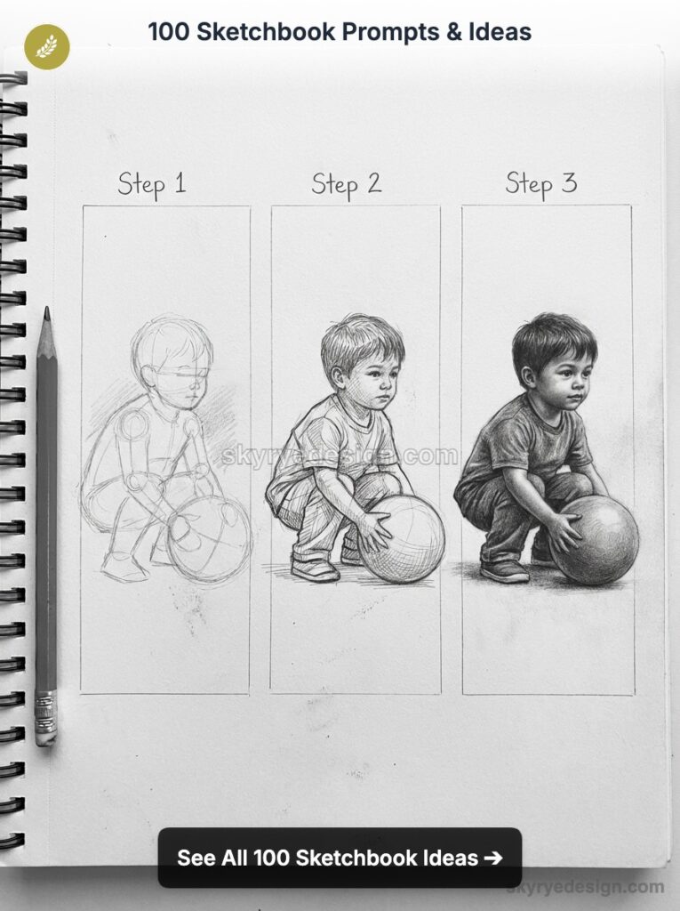 3-step pencil drawing tutorial of a young boy crouching with a ball on a spiral sketchbook page, pencil at left