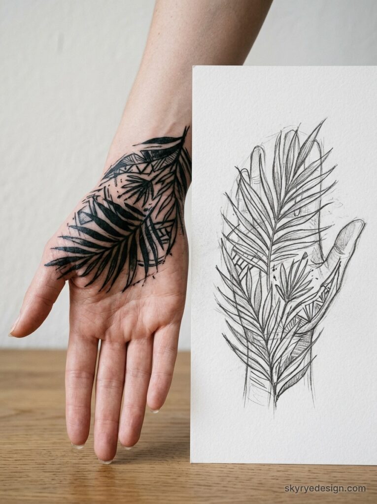 Botanical palm-leaf hand tattoo beside pencil sketch of the same leaf design on paper — tattoo design concept