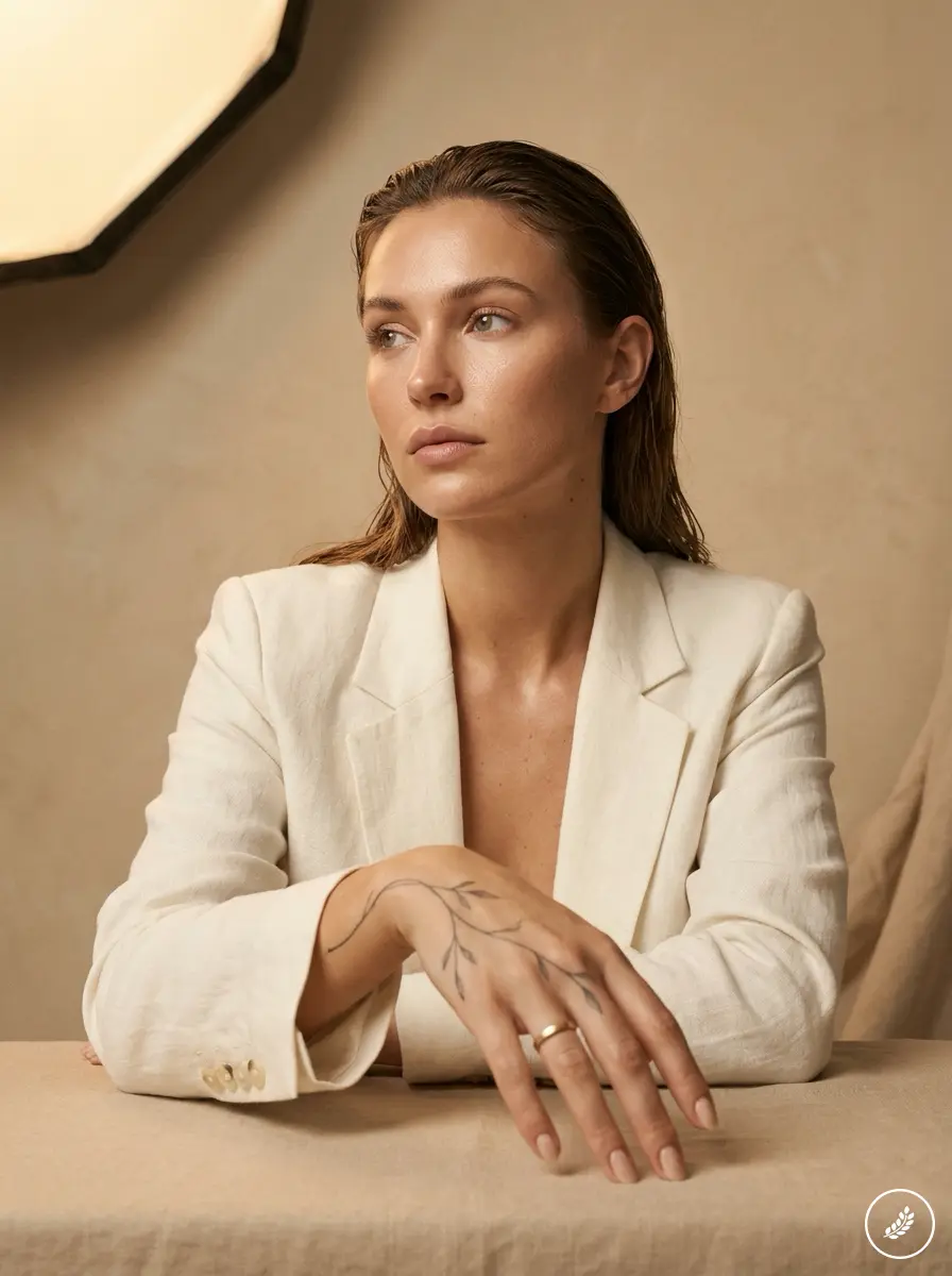 Studio portrait of a woman in a white blazer with leaf hand tattoo, neutral beige background, natural makeup
