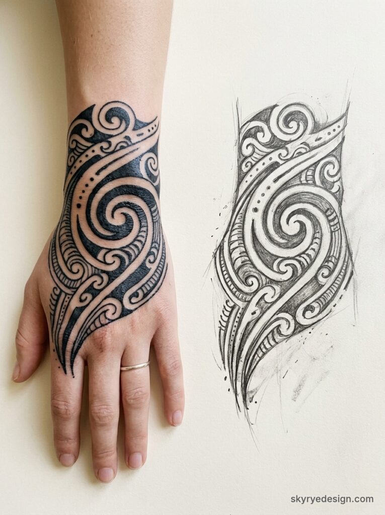 Blackwork tribal back-of-hand tattoo with swirling Polynesian pattern beside pencil sketch