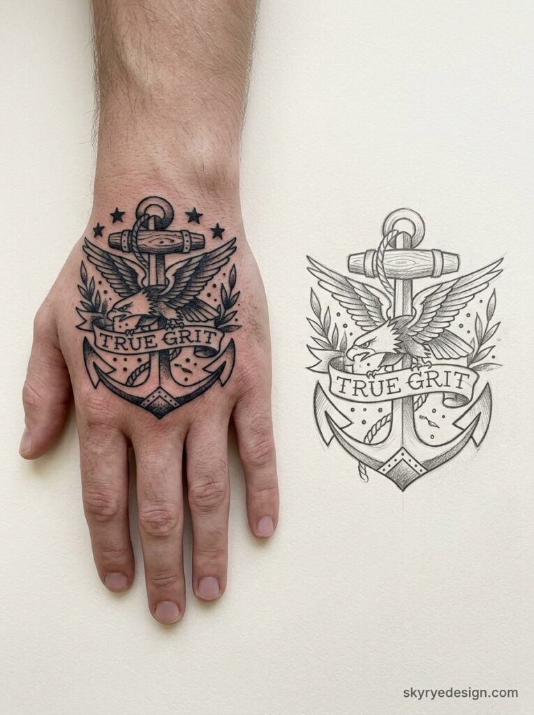 Blackwork hand tattoo of anchor and eagle with TRUE GRIT banner, black ink; matching pencil design sketch beside it