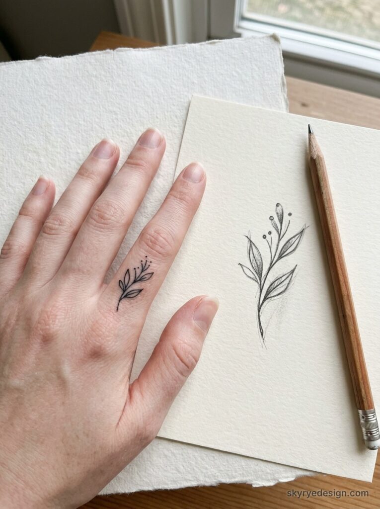 Delicate minimal leaf finger tattoo beside pencil botanical sketch on textured paper, small hand tattoo inspiration