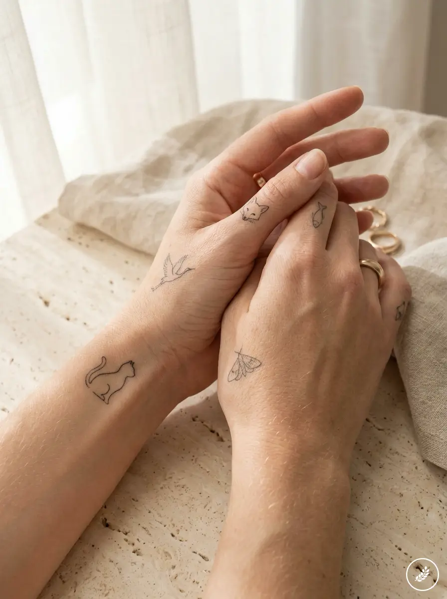 Hands with delicate fine-line animal tattoos (cat, bird, fox, fish, moth) and gold rings on neutral surface