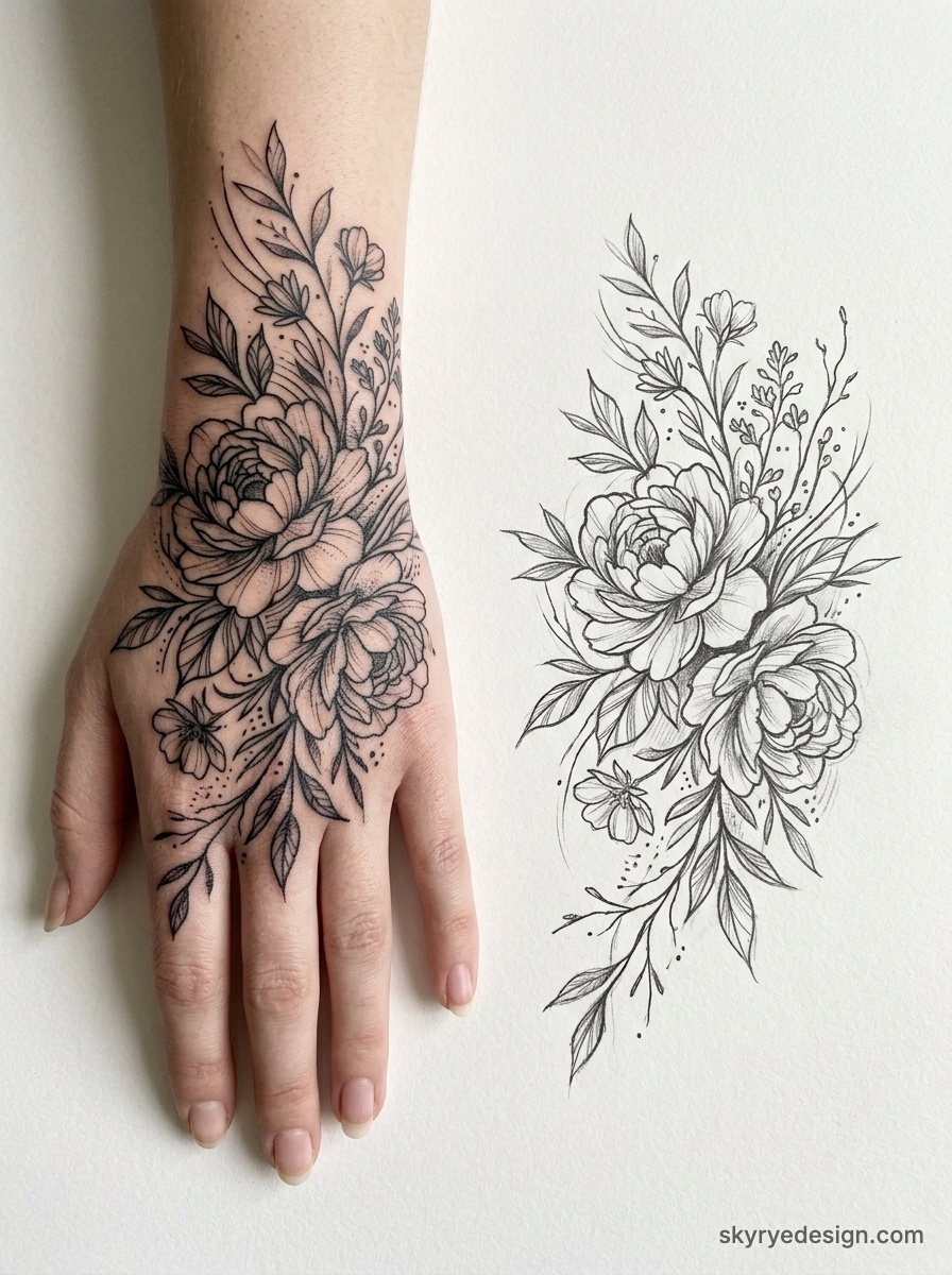 Black ink floral hand tattoo and matching botanical sketch featuring peonies and leaves on white background