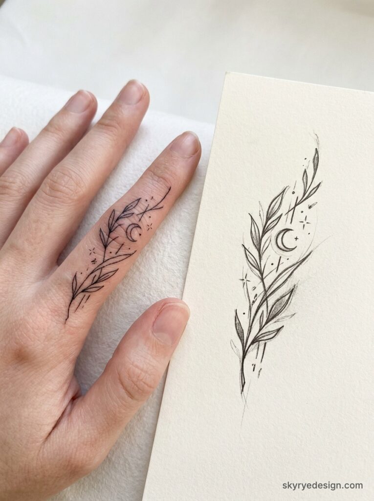 Minimal finger tattoo and sketch: delicate leafy branch with crescent moon and stars, fine-line tattoo design.