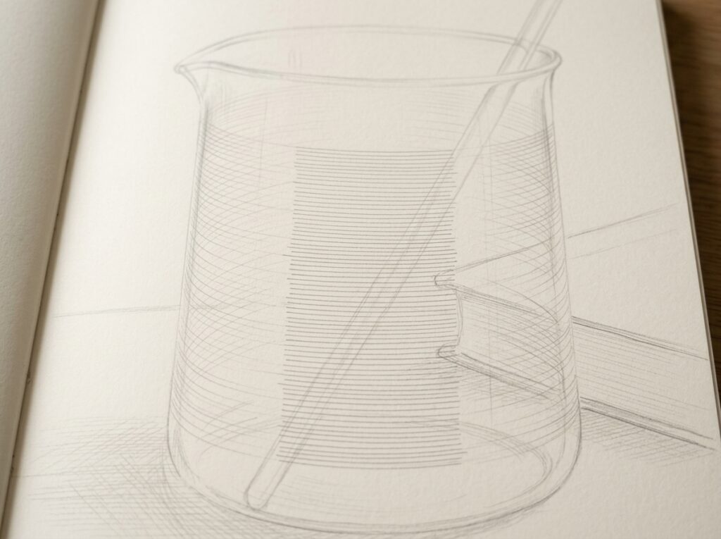 Detailed pencil sketch of a transparent glass beaker with stirring rod on sketchbook page, precise contour and hatching.