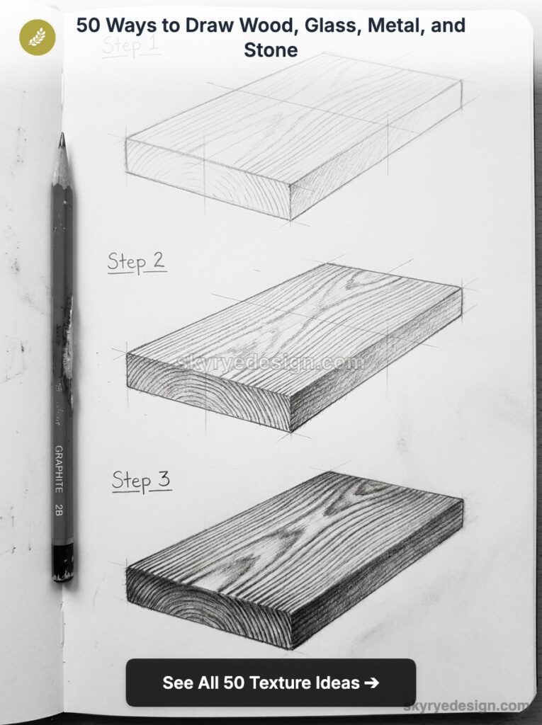Wood texture drawing tutorial: three-step graphite pencil sketches of a wood plank showing realistic grain.