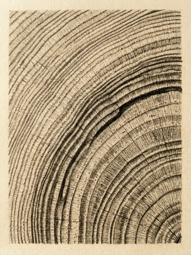 Wood cross-section close-up showing tree rings and grain texture, illustrating annual growth patterns