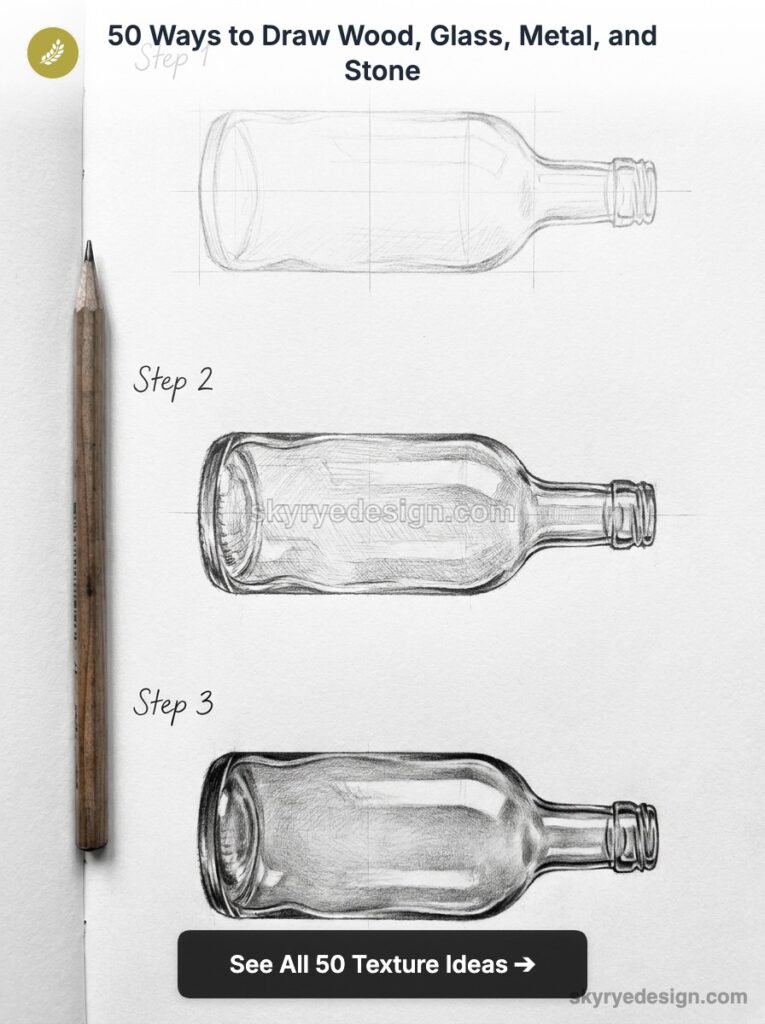 Glass bottle drawing tutorial - step-by-step pencil sketches showing three stages to render realistic glass texture