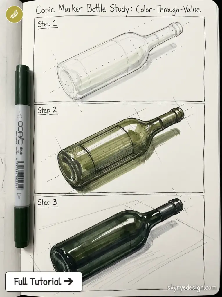 Copic marker tutorial: three-step green glass wine bottle sketch progression on sketchbook with marker