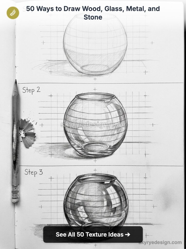Step-by-step pencil drawing tutorial of a glass bowl on grid — three progressive sketches with pencil and shavings