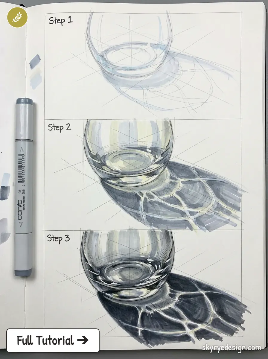Glass drawing tutorial in sketchbook: three-step marker sketch showing realistic light reflections and cast shadow