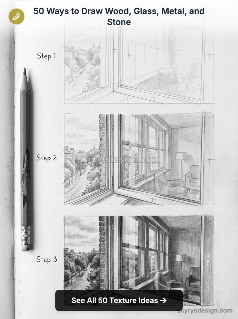 Three-step pencil sketch tutorial of a window and street view demonstrating wood, glass and texture rendering.
