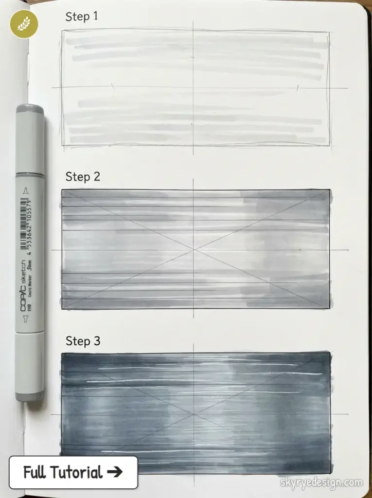 Copic marker grayscale shading tutorial: three-step rectangular gradient in sketchbook with guide lines