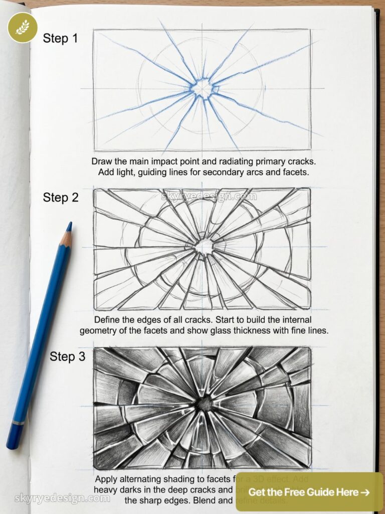 Pencil drawing tutorial: three-step shattered glass sketch showing impact point, radiating cracks, facets and 3D shading.