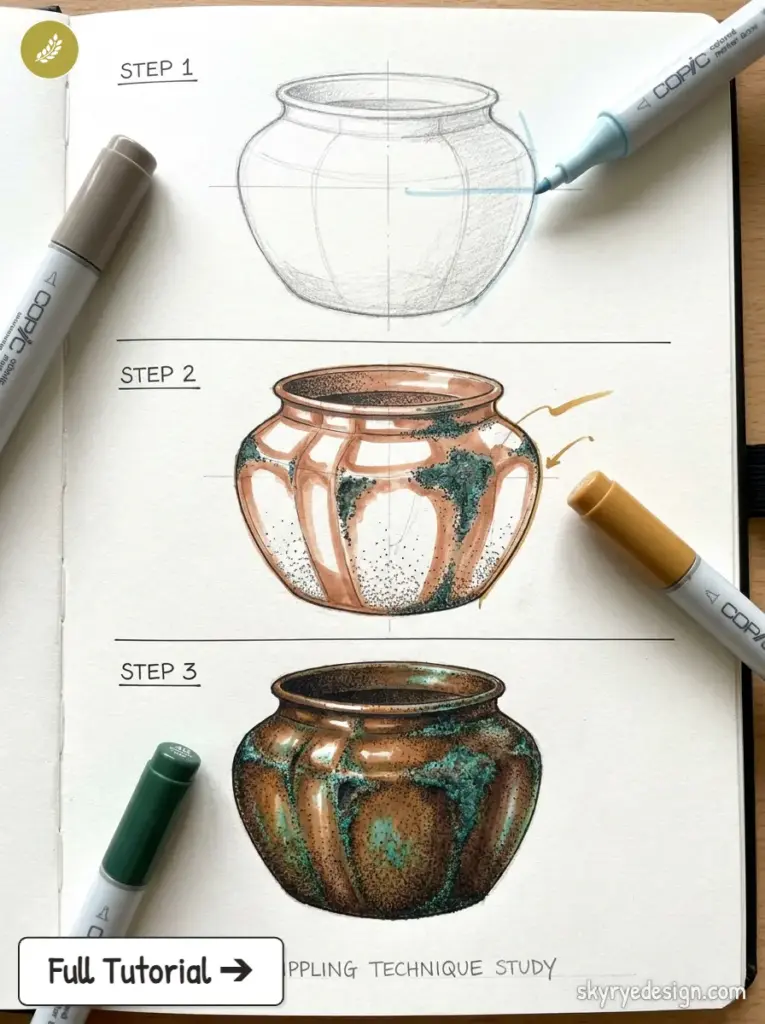 Copic marker tutorial: copper pot drawing step-by-step, from pencil sketch to finished verdigris-patinated pot on sketchbook
