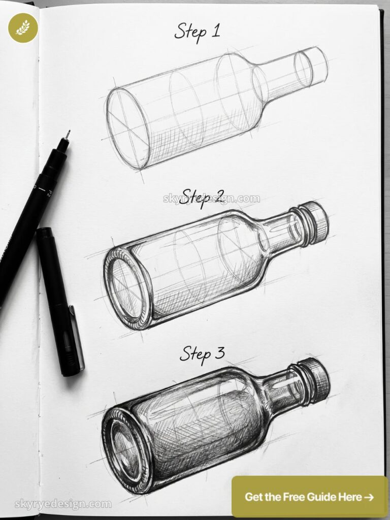 Three-step pencil sketch tutorial of a glass bottle on a sketchbook page with pens