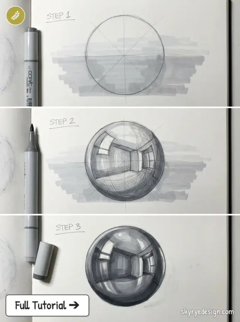 3-step reflective chrome sphere drawing tutorial in sketchbook using markers and shading