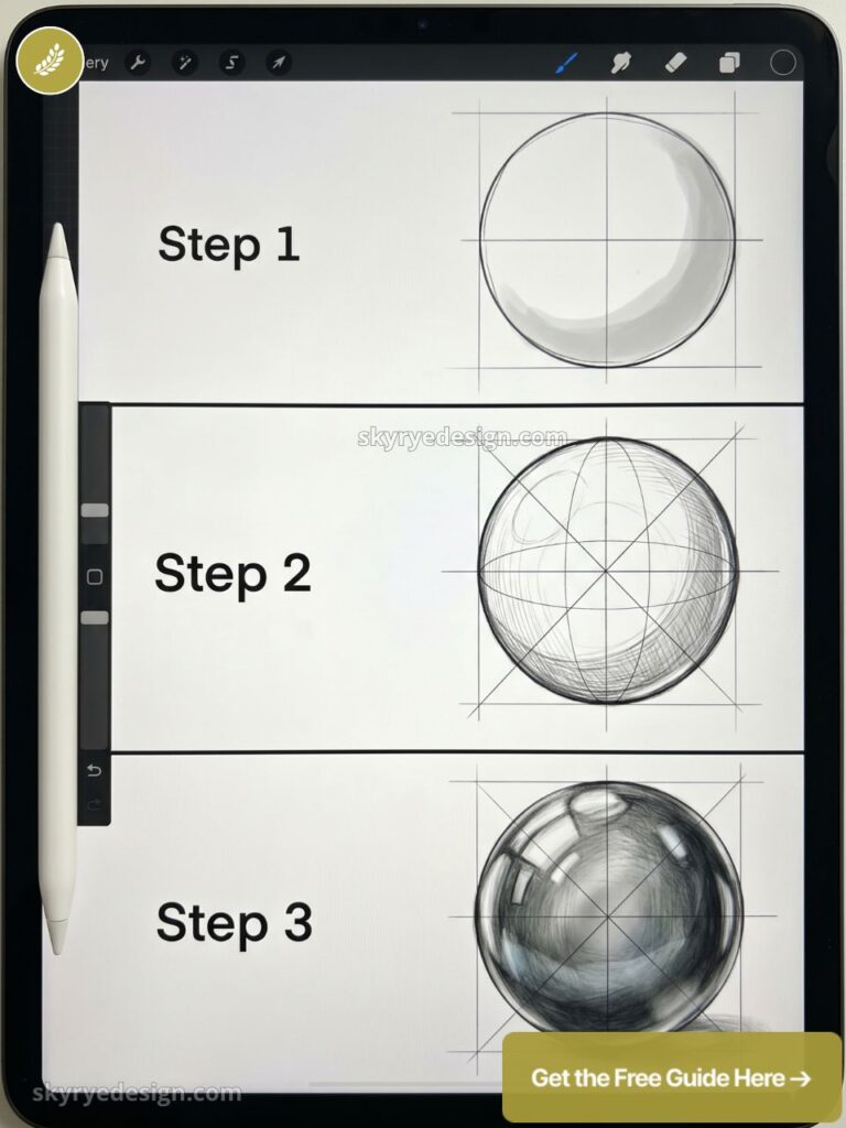 iPad tutorial showing step-by-step digital sphere shading with Apple Pencil: Step 1, 2, 3 sketches