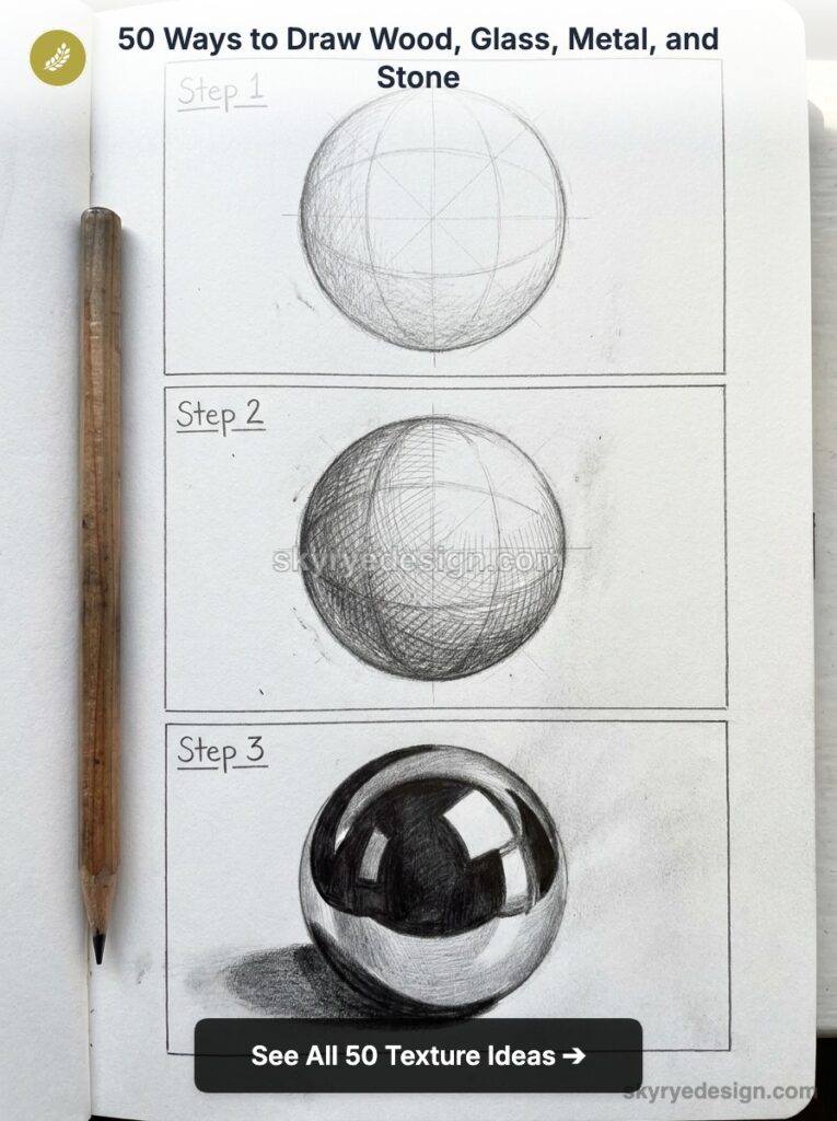 Metal sphere drawing tutorial: sketchbook step-by-step pencil shading showing three stages of a reflective metal sphere.