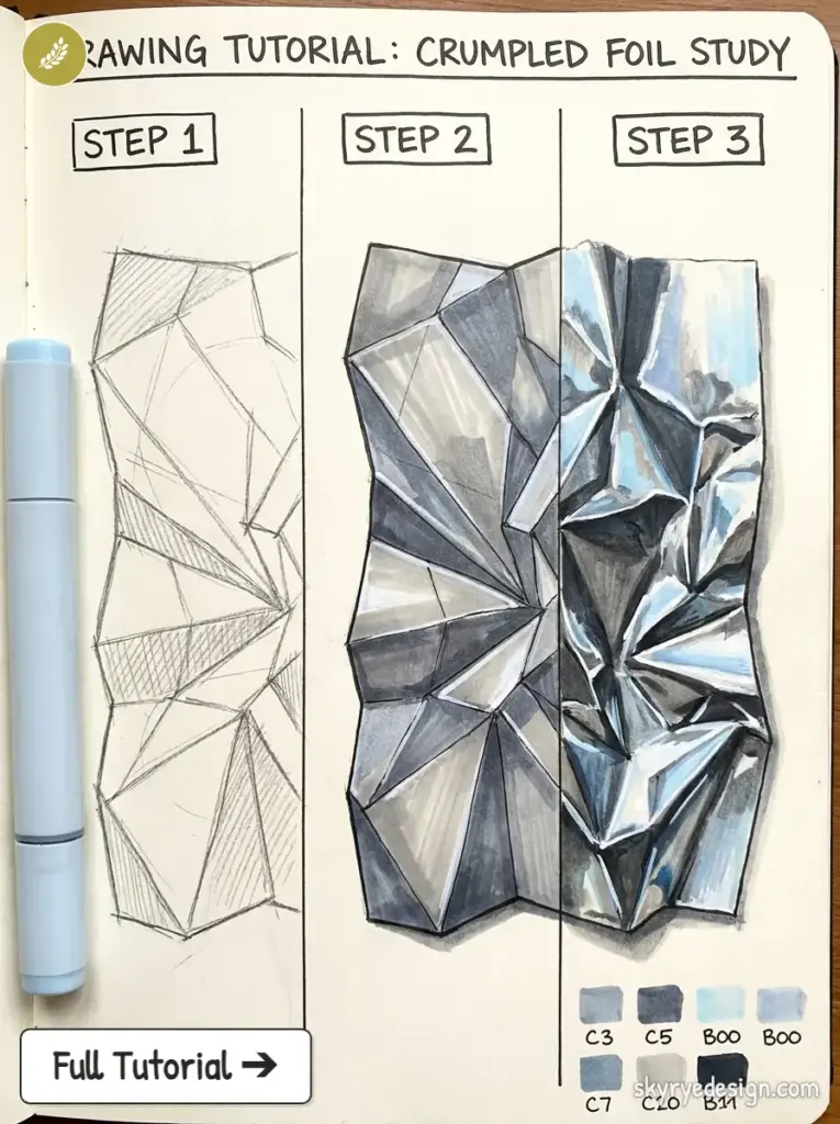 Crumpled foil drawing tutorial: step-by-step sketch, shaded planes, realistic metallic marker study with color swatches