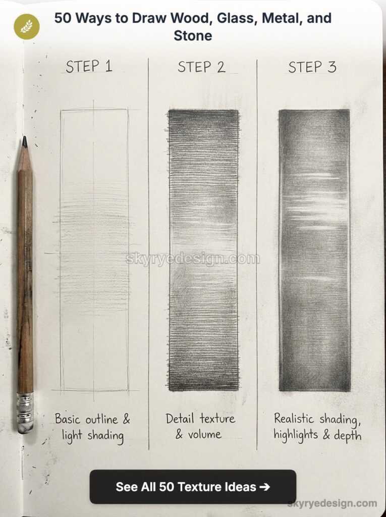Wood grain pencil drawing tutorial — 3-step texture guide: outline, detailed grain, realistic shading