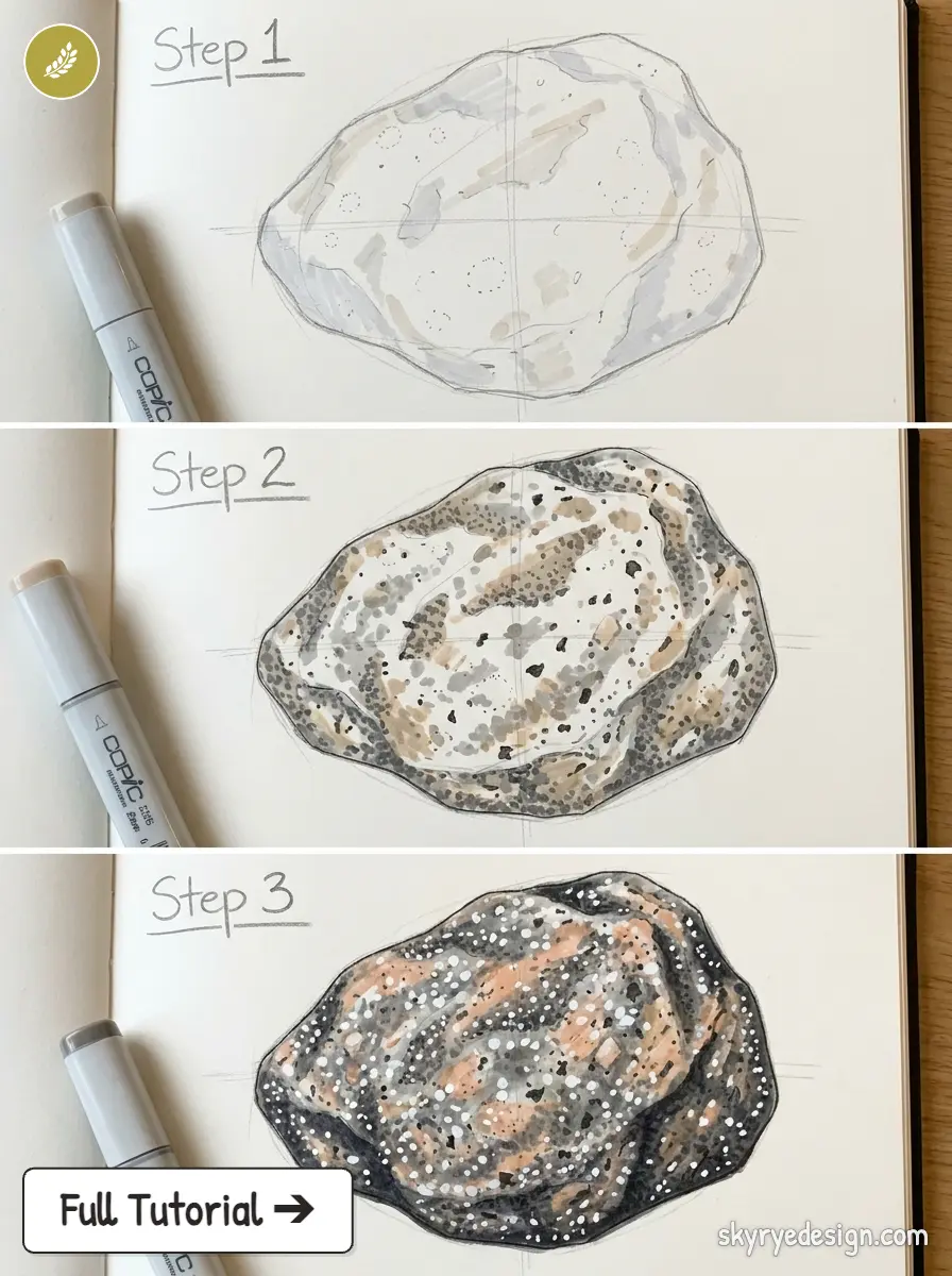 Three-step rock drawing tutorial in sketchbook with Copic markers, from outline to detailed textured shading