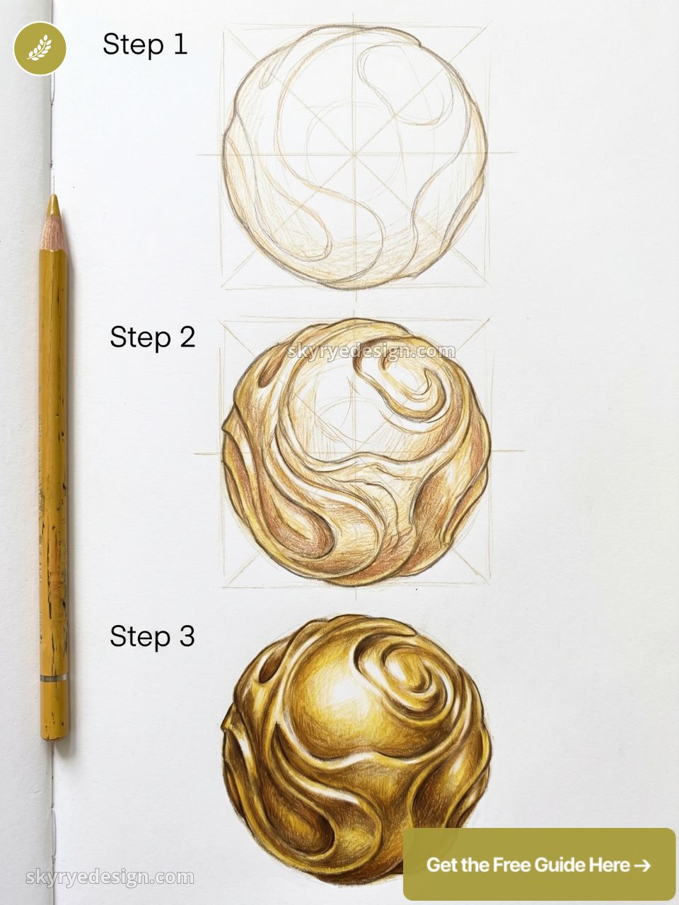 Three-step colored pencil tutorial: sketch to final shaded golden decorative sphere with yellow pencil