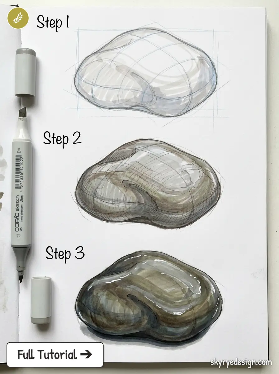 Copic marker tutorial: three-step guide to draw and render a glossy rock on a sketchbook page.