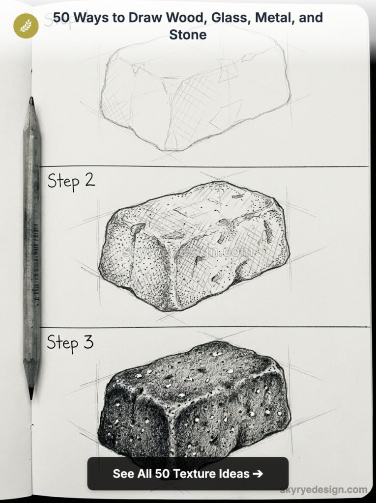 Sketchbook showing three step-by-step pencil drawings of a textured stone block with a pencil.