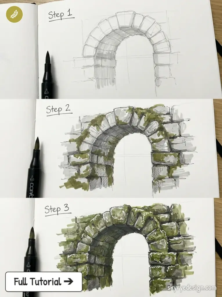 Step-by-step drawing tutorial: moss-covered stone arch sketch with markers in a sketchbook