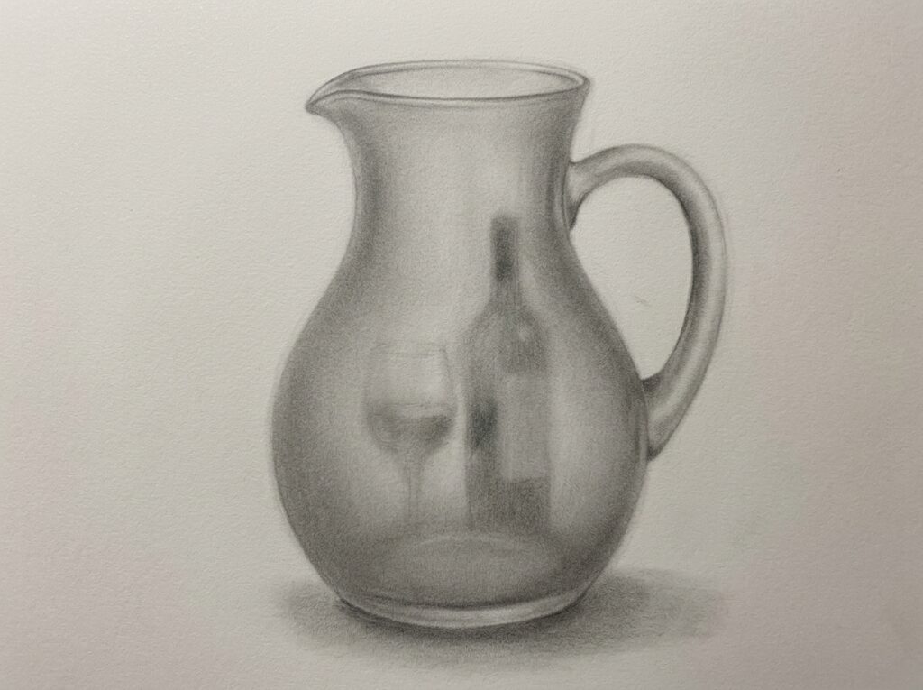 Pencil sketch of transparent glass pitcher with reflected wine bottle and wine glass - still life drawing.