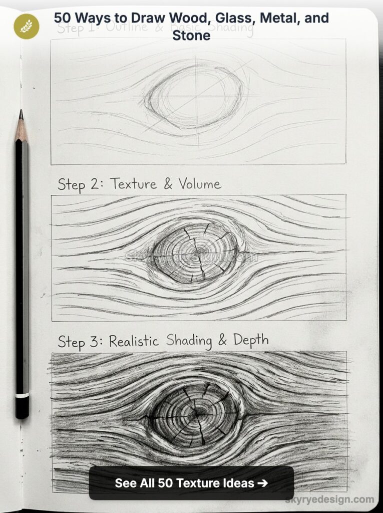 Pencil tutorial showing three steps to draw a wood knot: outline, texture, and realistic shading
