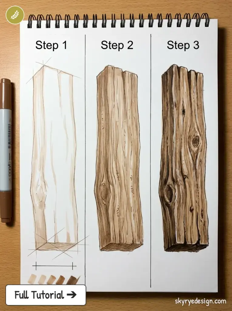Step-by-step wood texture drawing tutorial in sketchbook: three stages of a wooden plank, marker and color swatches.