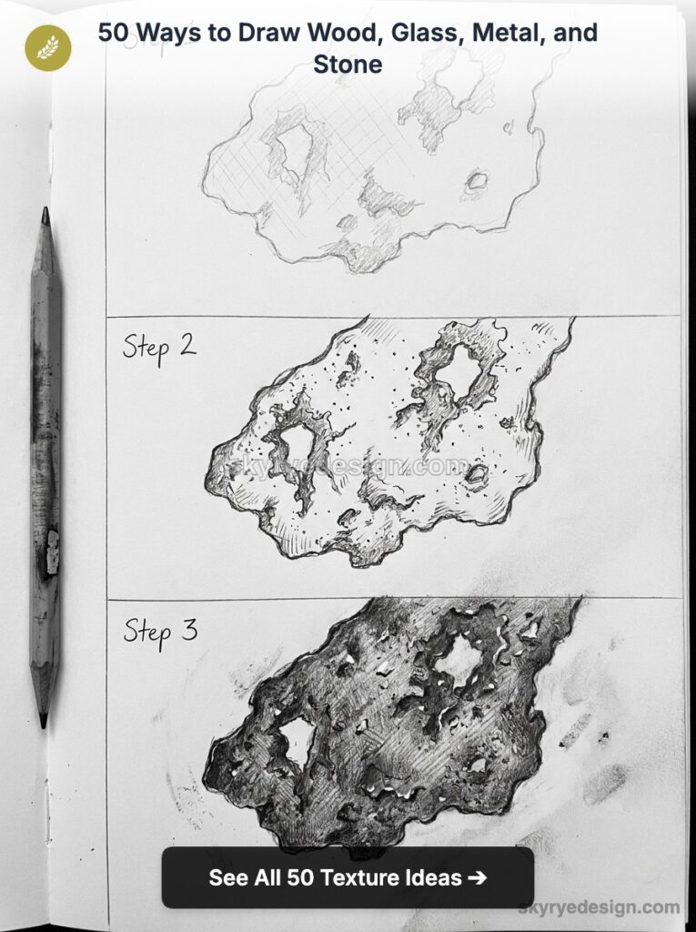 Stone texture drawing tutorial — three-step pencil sketches in a sketchbook with a pencil at left