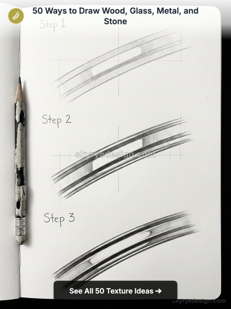 Pencil sketchbook tutorial: three step-by-step pencil drawings demonstrating reflective metal texture with worn pencil at left