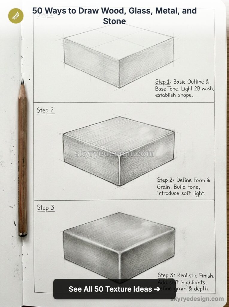 Sketch tutorial: three-step pencil shading of a textured rectangular block (wood grain) beside a wooden pencil.