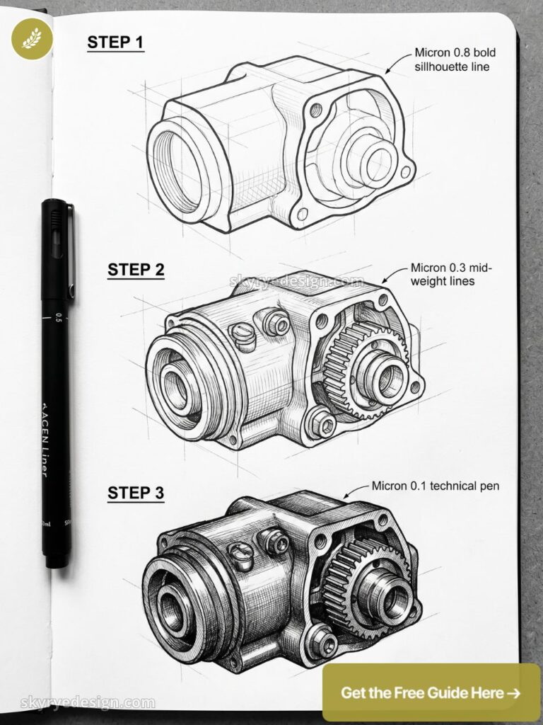 Sketchbook with three-step technical pen drawings of a gearbox housing, labeled STEP 1–3, with a black Micron pen beside.