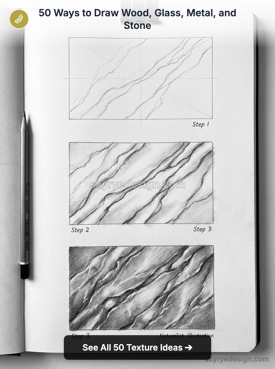Sketchbook page with pencil and three step-by-step graphite drawings demonstrating marble stone texture techniques