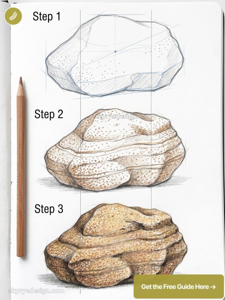 Pencil rock drawing tutorial in three steps: basic sketch, added texture/details, and final shaded, realistic rendering