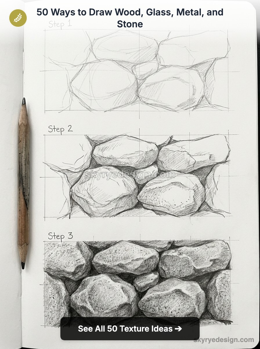 Stone texture pencil tutorial: three-step rock sketch with shading, grid and pencil on a sketchbook page