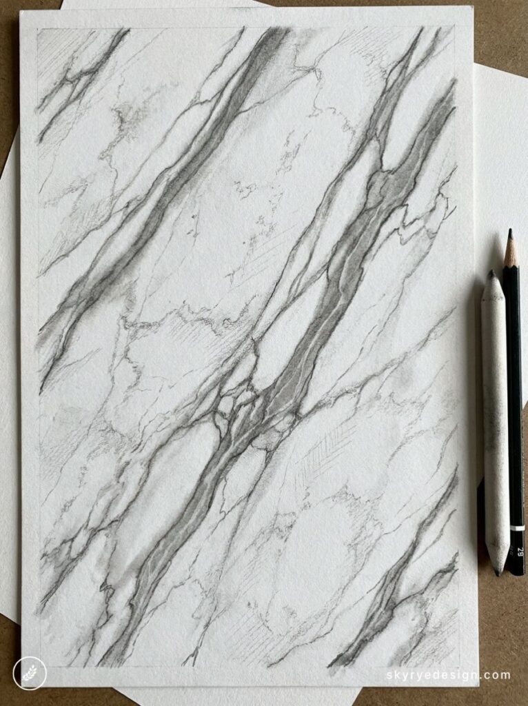 Marble texture pencil sketch, hand-drawn on paper with graphite pencils, realistic grey veining