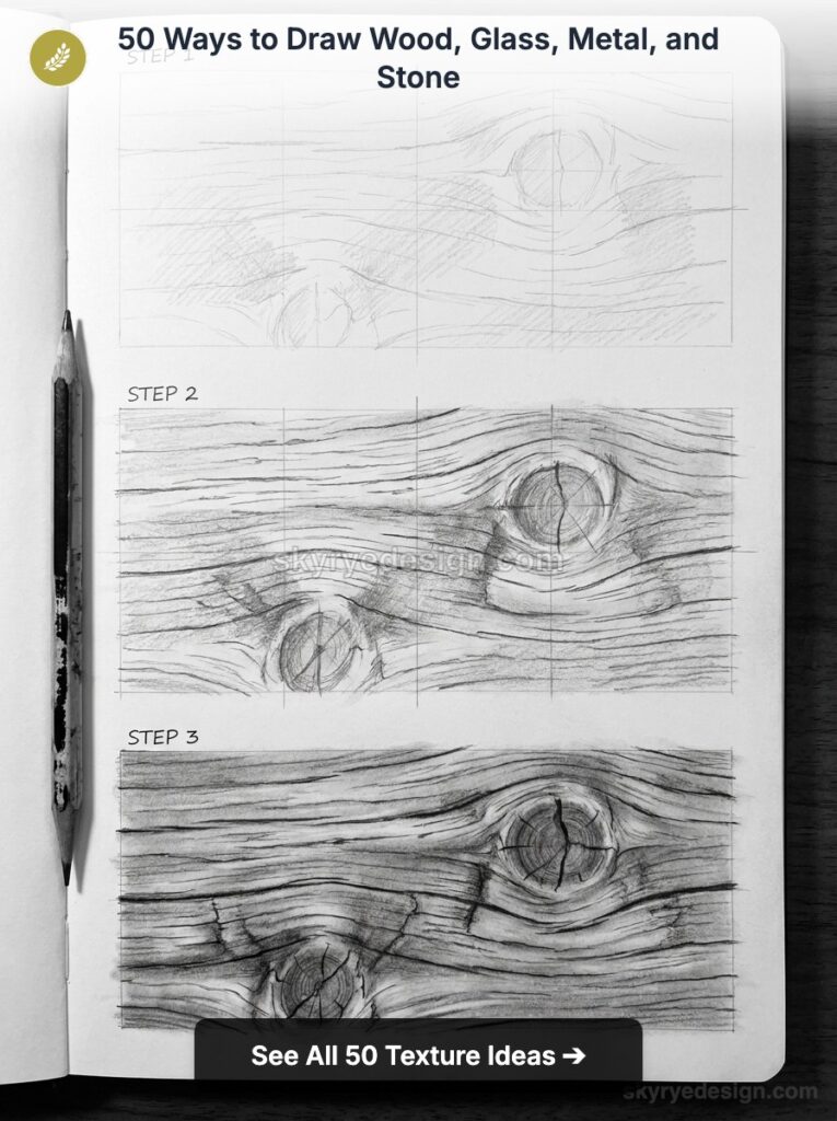 Step-by-step pencil sketch tutorial of realistic wood grain texture and knots in a sketchbook, pencil alongside